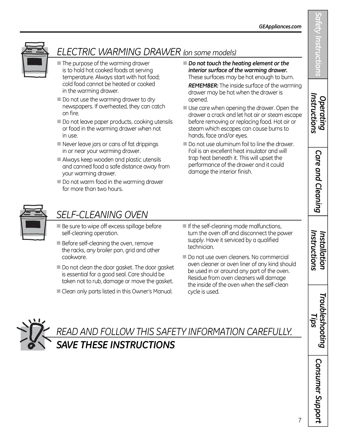 GE JgB280, JgB290 manual ELeCTRIC WaRMINg DRaWeR on some models, OperatingInstructions Care and Cleaning 