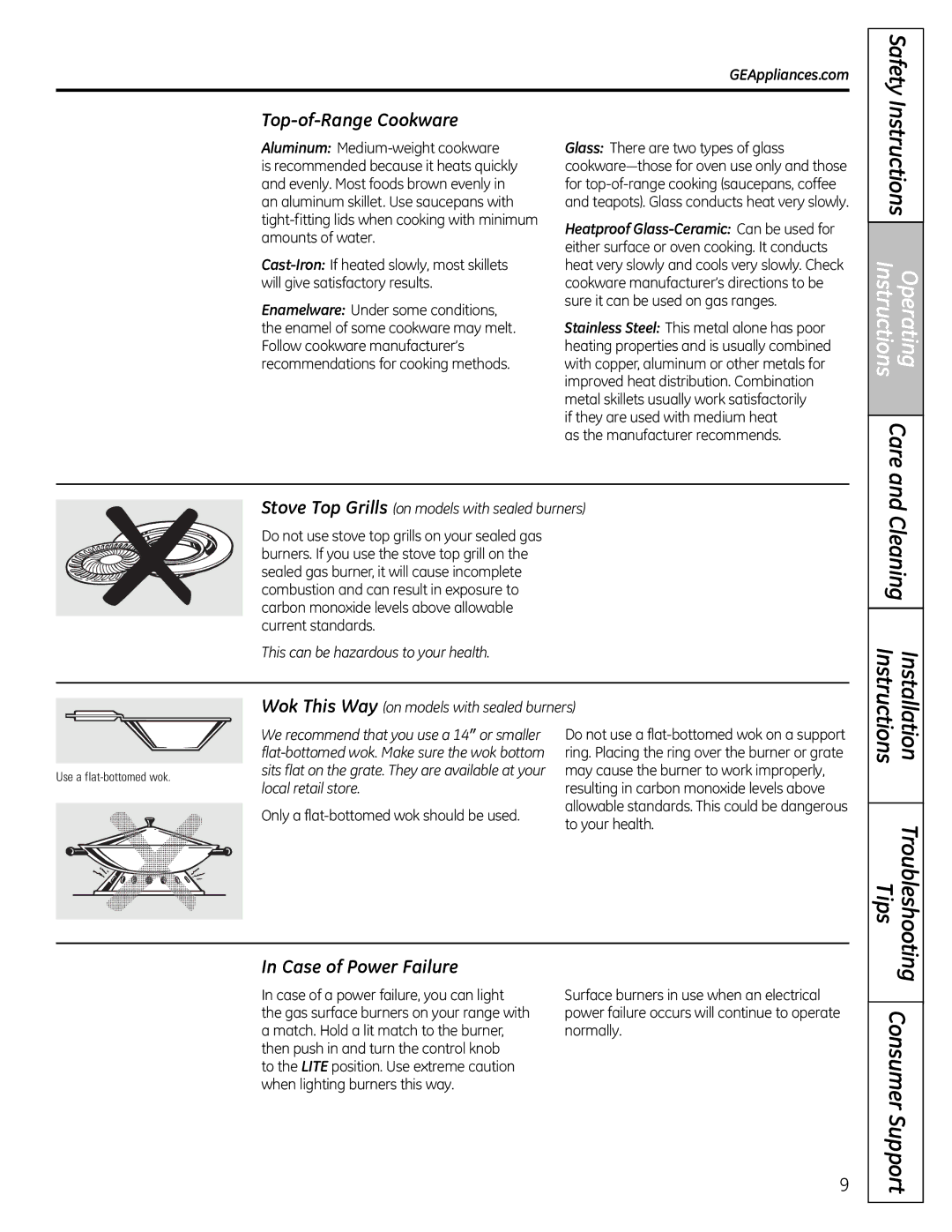 GE JgB280, JgB290 manual Top-of-Range Cookware, Care, Case of Power Failure 