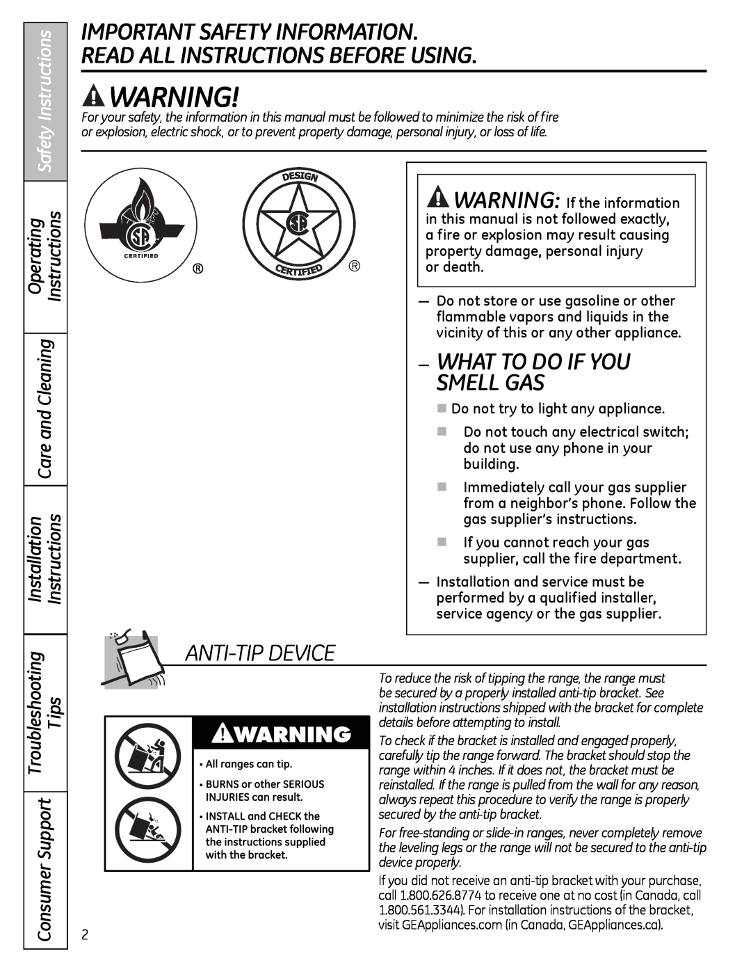 GE JgB290 Important Safety Information Read All Instructions Before Using, What To Do If You, Smell Gas, aNTI-TIP DeVICe 