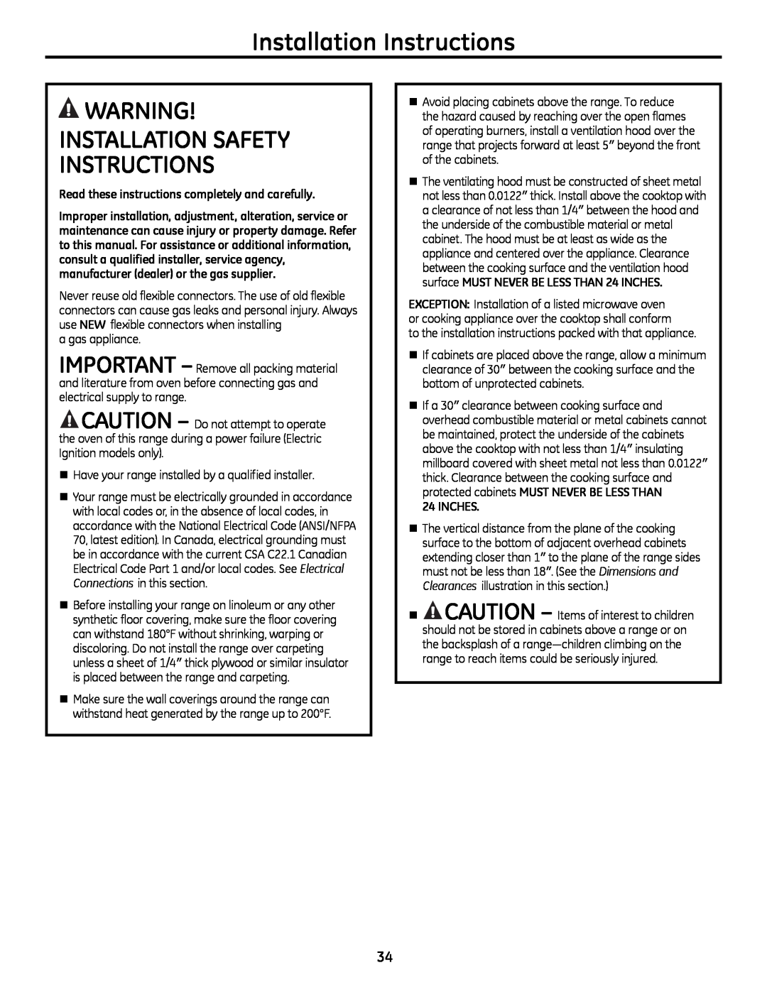 GE JgB290, JgB280 manual Installation Instructions, wARNING! INSTALLATIoN SAFETy INSTRUCTIoNS 