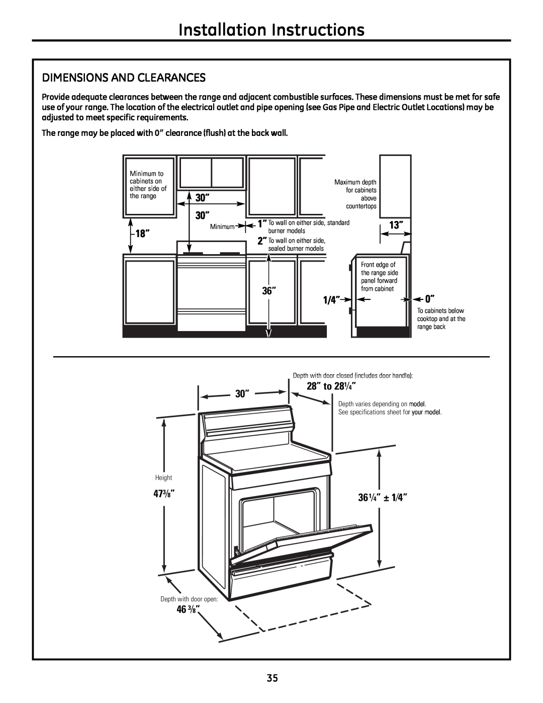 GE JgB280, JgB290 manual Installation Instructions, DIMENSIoNS AND CLEARANCES 