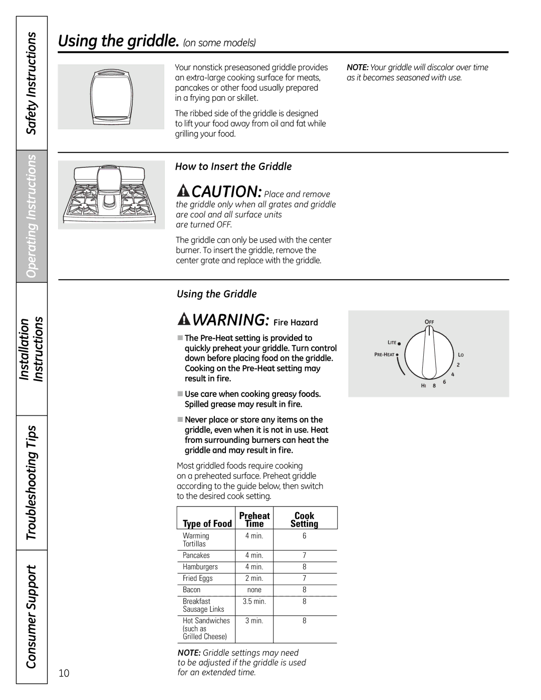 GE JGB820 Using the griddle. on some models, How to Insert the Griddle, Using the Griddle, Preheat Cook, Time Setting 