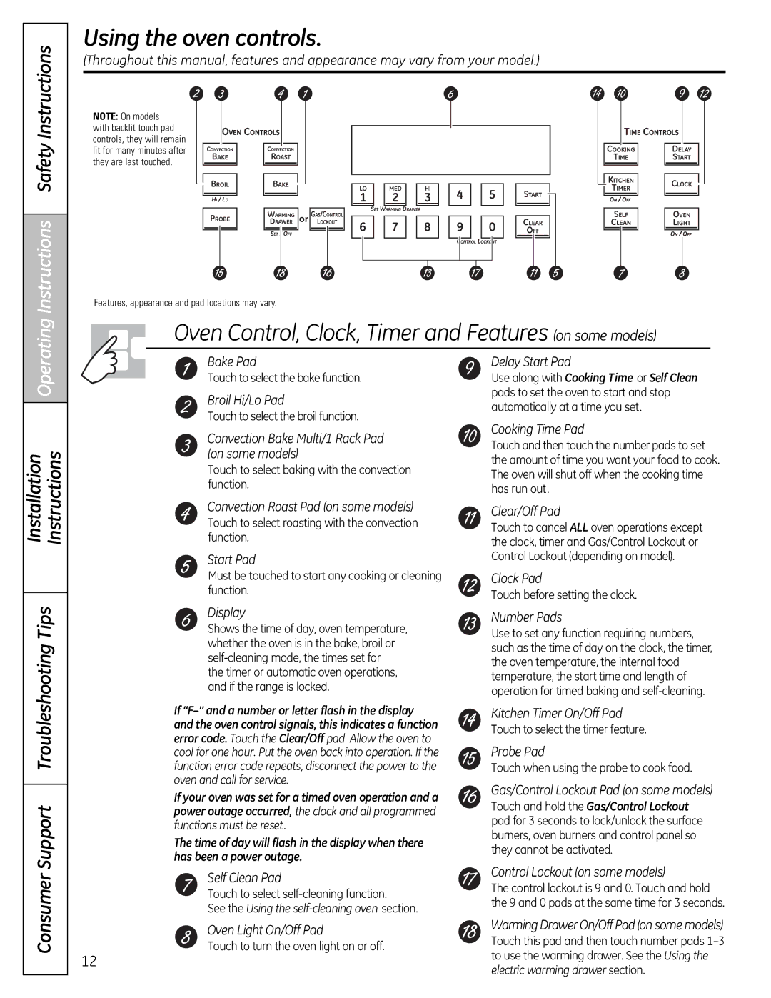 GE JGB295 Instructions Safety Instructions, Touch to select the bake function, Touch to turn the oven light on or off 