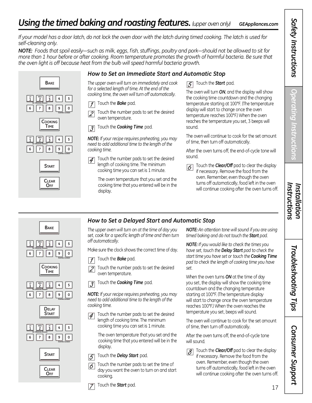 GE JGB810, JGB295, JGB805 Safety Instructions, Operating Instructions, How to Set an Immediate Start and Automatic Stop 