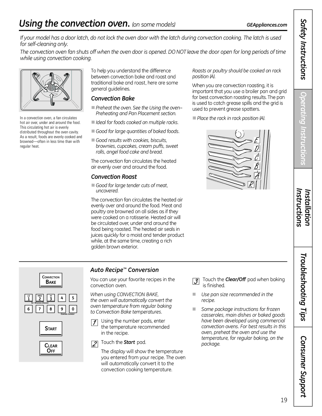 GE JGB295SERSS manual Using the convection oven. on some models, Convection Bake, Convection Roast, Auto Recipe Conversion 