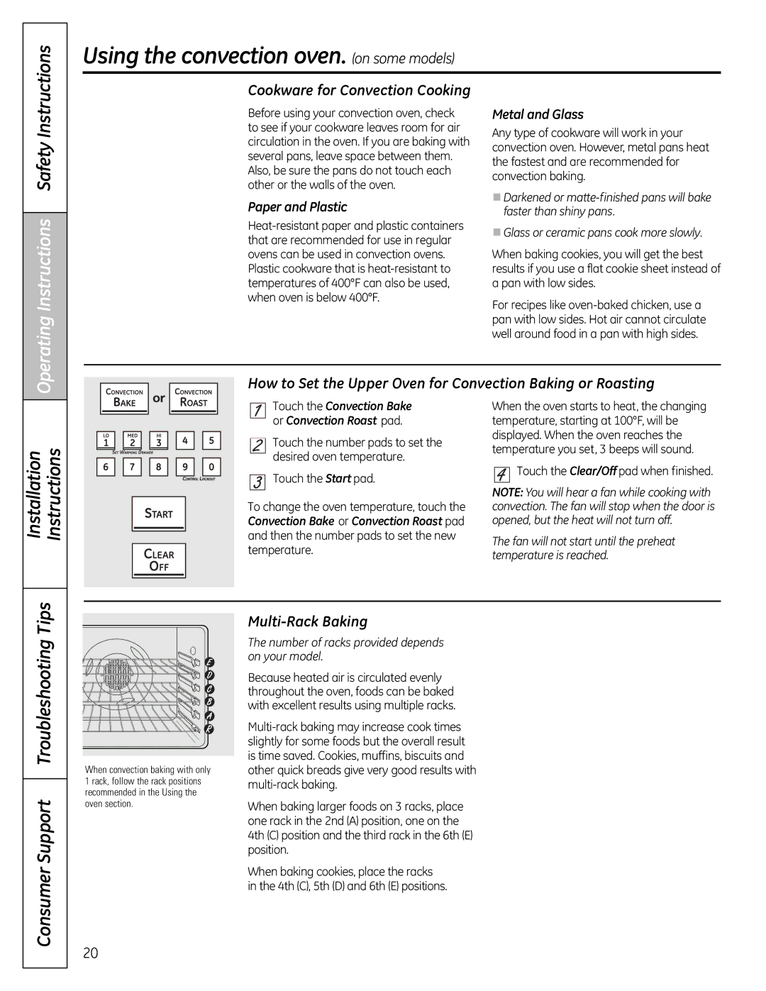 GE JGB805, JGB295SERSS, JGB800, JGB820 Operating Instructions Safety, Cookware for Convection Cooking, Multi-Rack Baking 