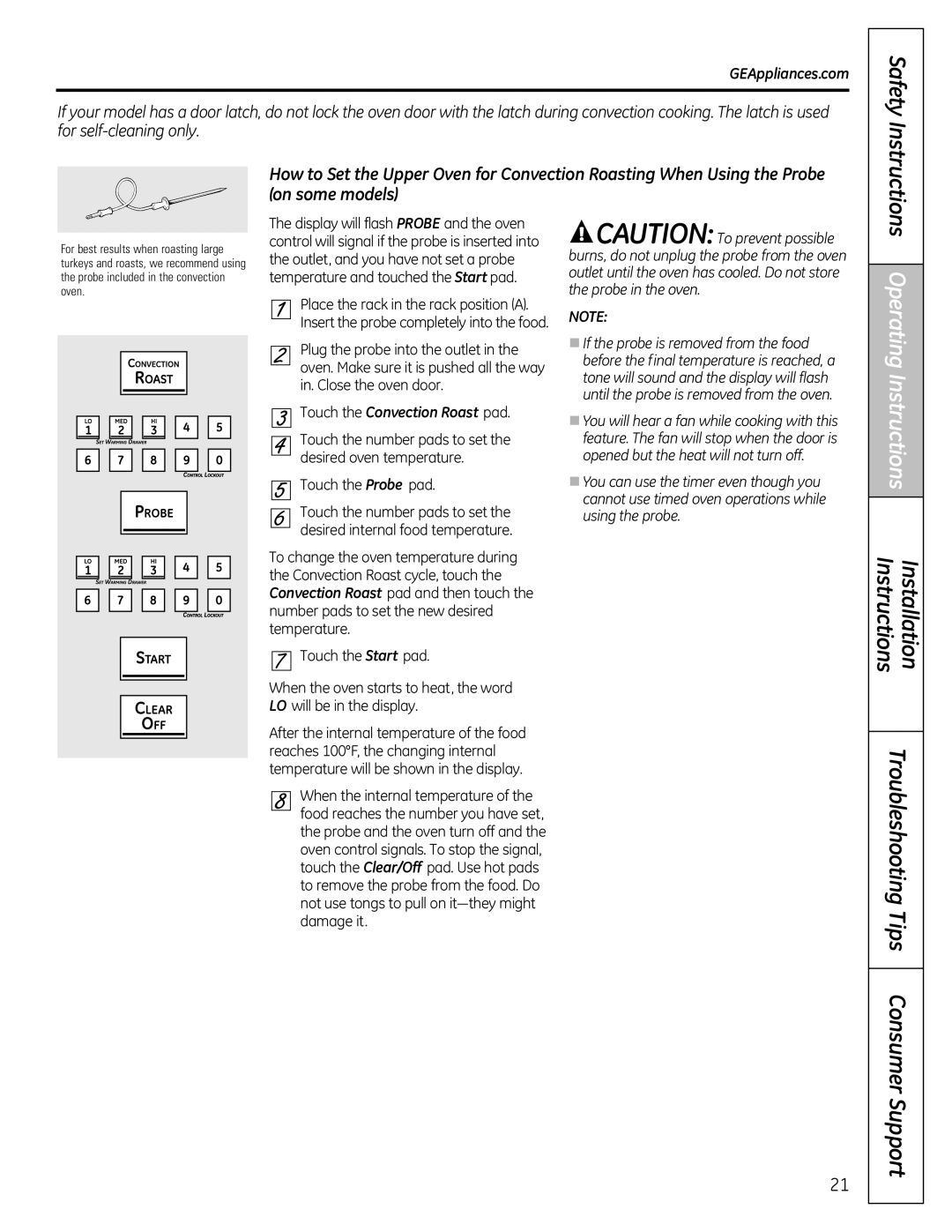 GE JGB800, JGB295SERSS, JGB805, JGB820, JGB810 manual Safety Instructions, Touch the Convection Roast pad 