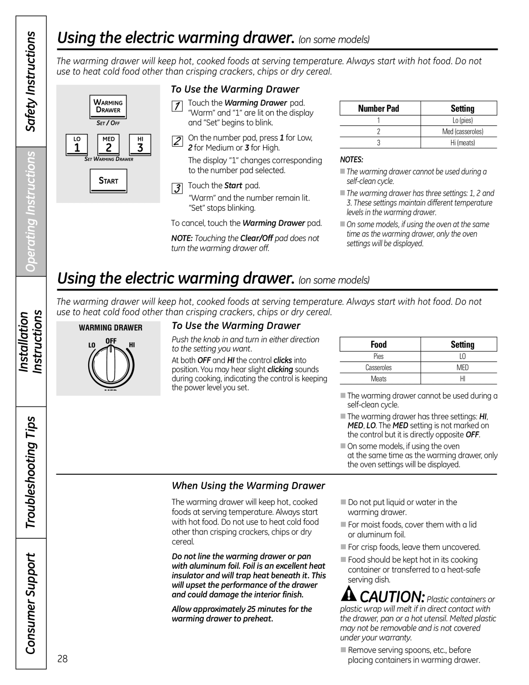 GE JGB820 Using the electric warming drawer. on some models, To Use the Warming Drawer, When Using the Warming Drawer 