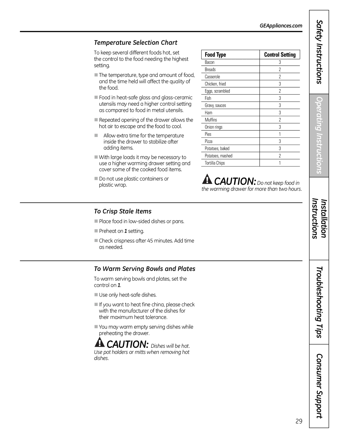 GE JGB810 Temperature Selection Chart, To Crisp Stale Items, To Warm Serving Bowls and Plates, Food Type, Control Setting 