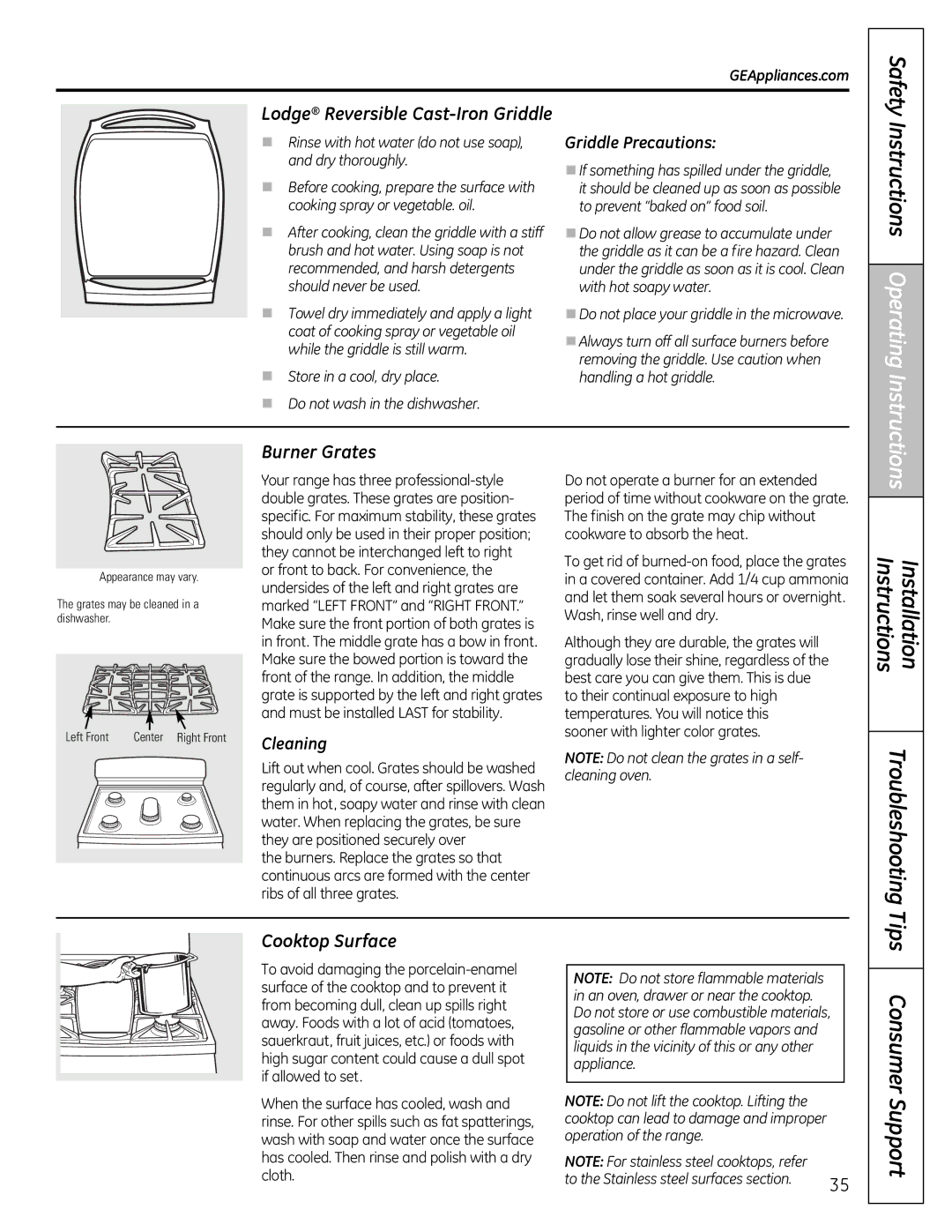 GE JGB810 Installation Instructions Troubleshooting, Lodge Reversible Cast-Iron Griddle, Burner Grates, Cooktop Surface 