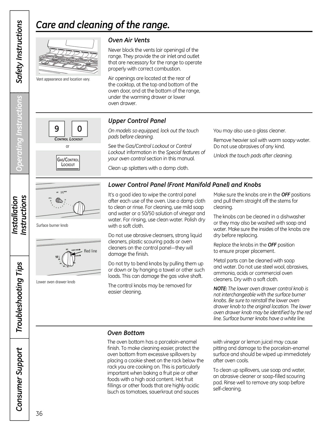 GE JGB295, JGB805 Oven Air Vents, Upper Control Panel, Lower Control Panel Front Manifold Panel and Knobs, Oven Bottom 