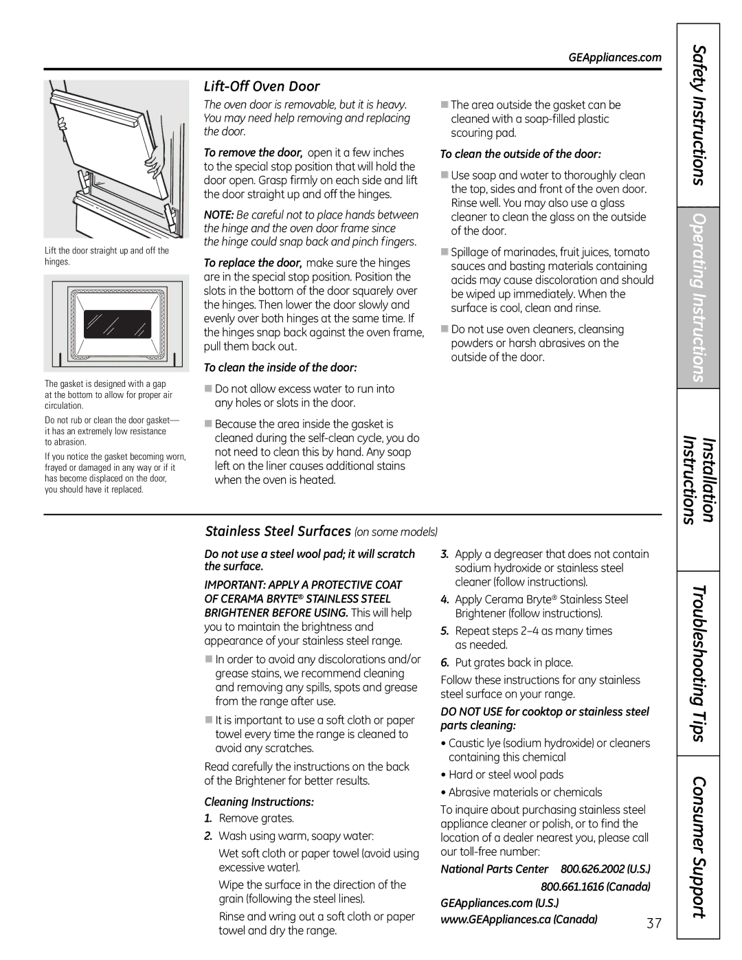 GE JGB295SERSS, JGB805, JGB800, JGB820, JGB810 manual Lift-Off Oven Door, Stainless Steel Surfaces on some models 