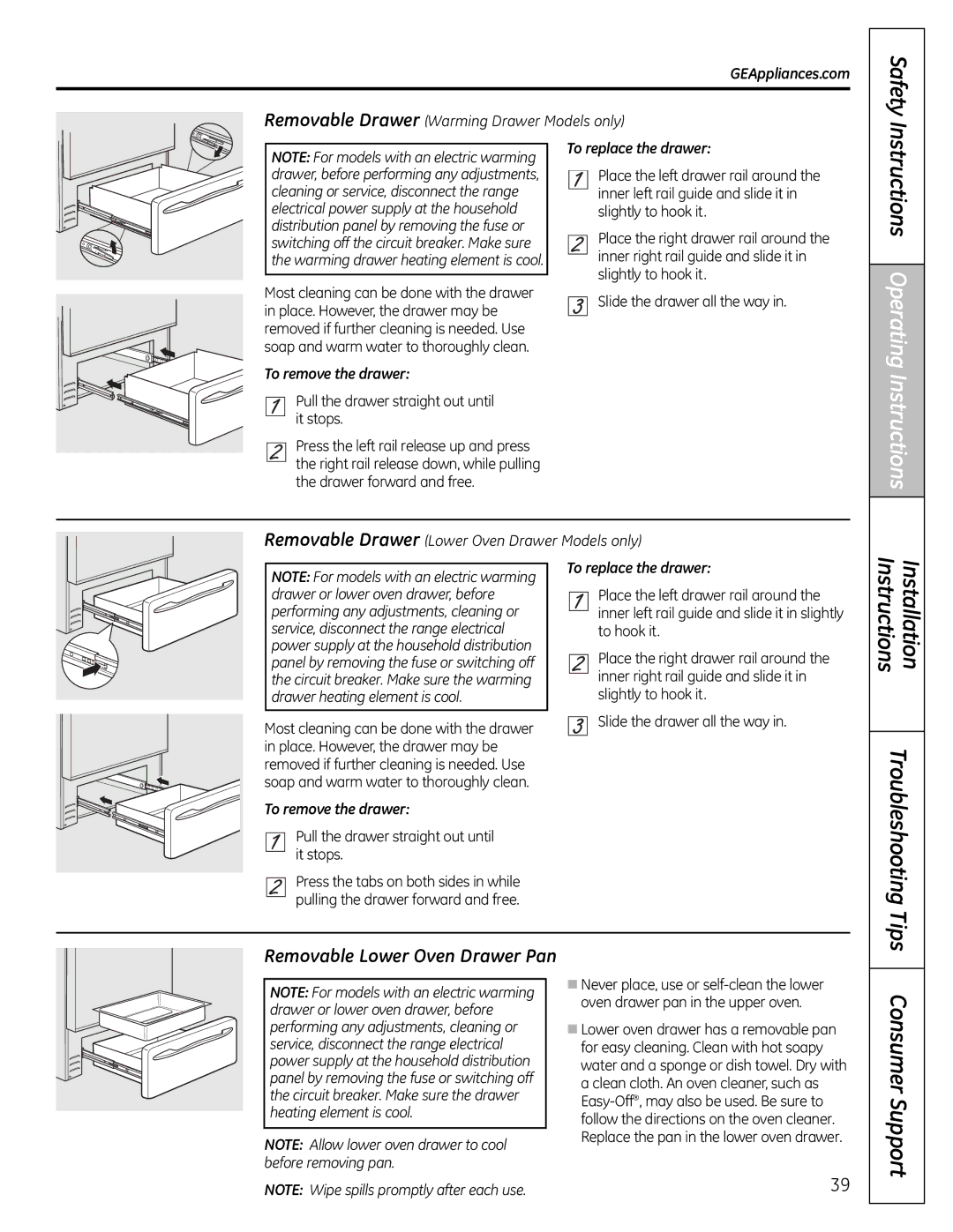 GE JGB800, JGB295SERSS, JGB805, JGB820, JGB810 Removable Lower Oven Drawer Pan, To remove the drawer To replace the drawer 