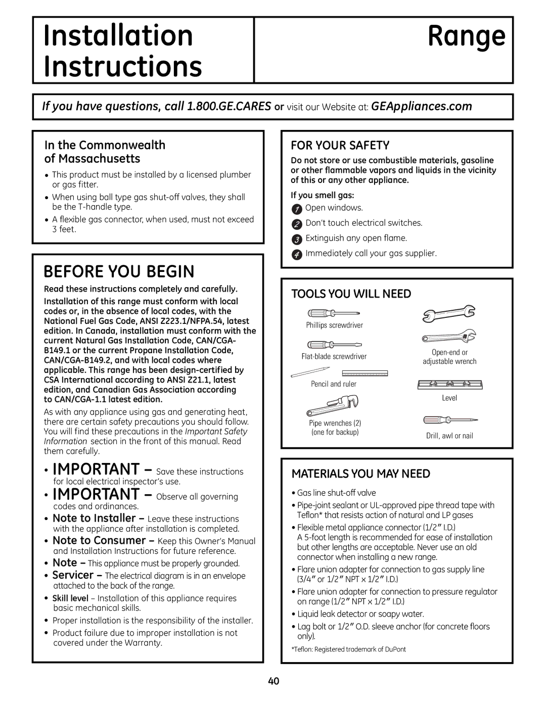 GE JGB820, JGB295SERSS manual Commonwealth of massachusetts, FoR yoUR SaFeTy, ToolS yoU wIll NeeD, MaTeRIalS yoU may NeeD 