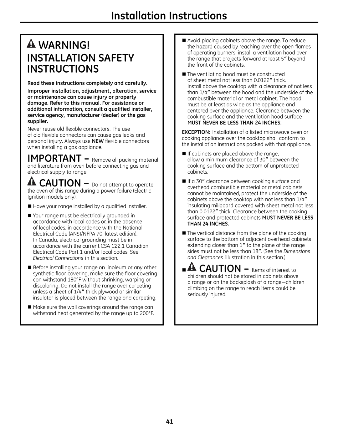 GE JGB810, JGB295SERSS, JGB805, JGB800, JGB820 manual Installation Instructions, THaN 24 INCHeS 