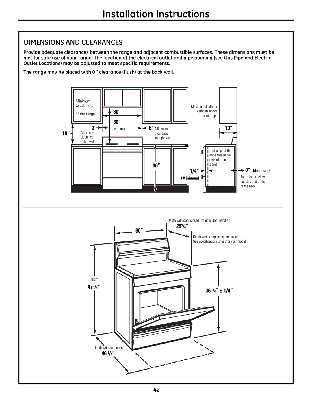 GE JGB295SERSS, JGB805, JGB800, JGB820, JGB810 manual DImeNSIoNS aND CleaRaNCeS, 293/4, 473/4 361/4 ± 1/4, 46 3/4 