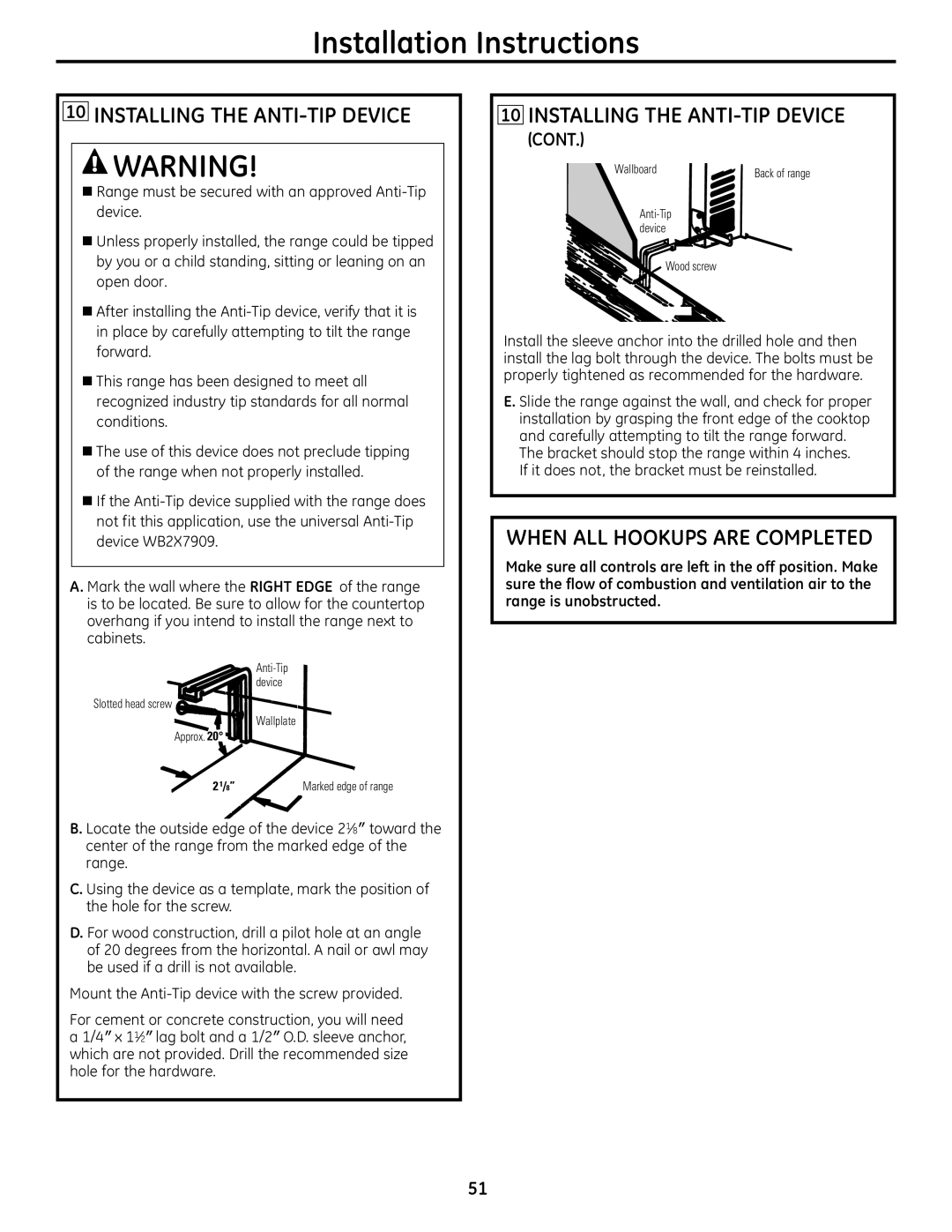 GE JGB800, JGB295SERSS, JGB805, JGB820, JGB810 manual INSTallING THe aNTI-TIP DeVICe, WHeN all HooKUPS aRe ComPleTeD 