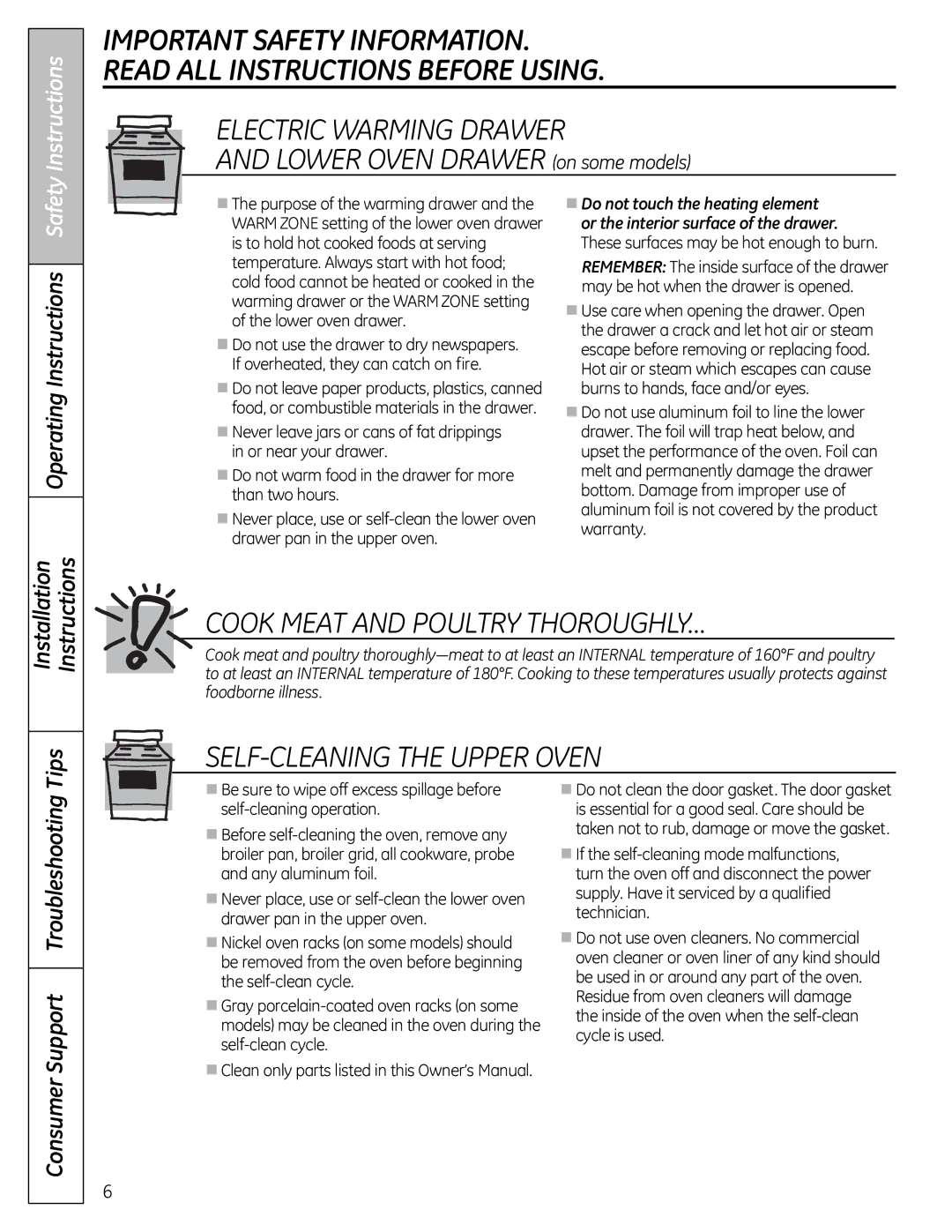 GE JGB295SERSS, JGB805, JGB800, JGB820, JGB810 manual Operating Instructions Safety, Tips, Consumer Support Troubleshooting 