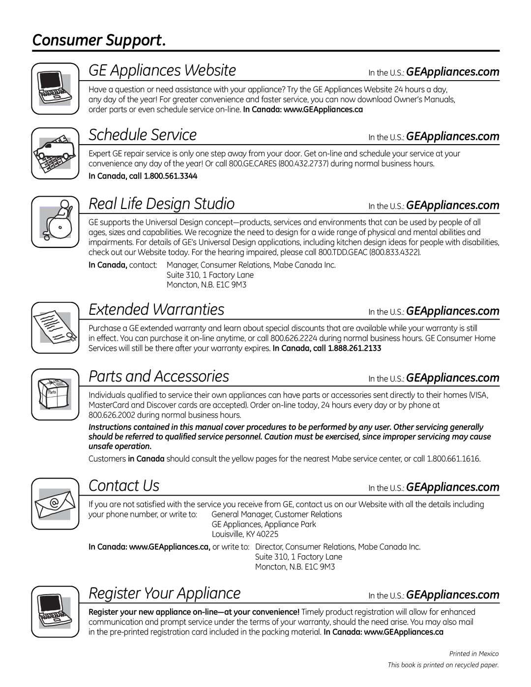 GE JGB295SERSS, JGB805, JGB800, JGB820, JGB810 manual Consumer Support, Canada, call 