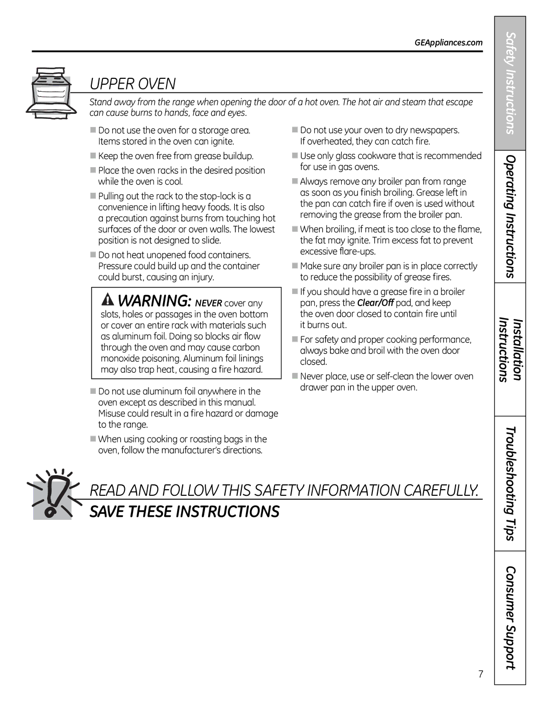 GE JGB295SERSS, JGB805, JGB800, JGB820, JGB810 manual Operating Instructions Installation Instructions, Tips Consumer Support 