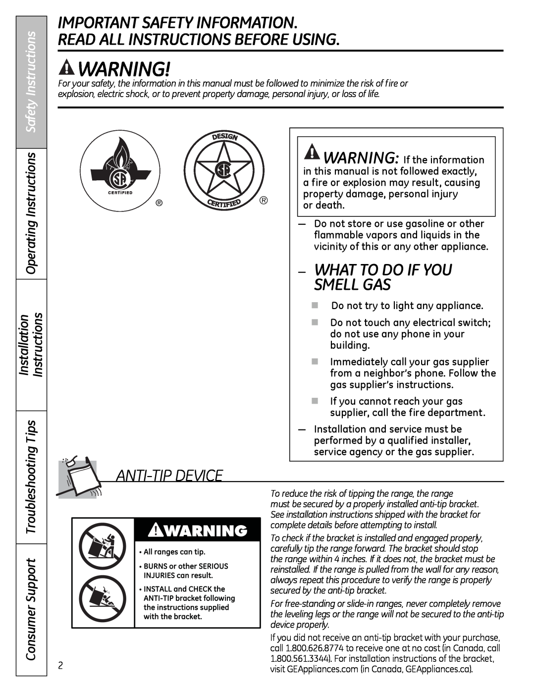 GE JGB805 Important Safety Information Read All Instructions Before Using, What To Do If You, Smell Gas, aNTI-TIP DeVICe 