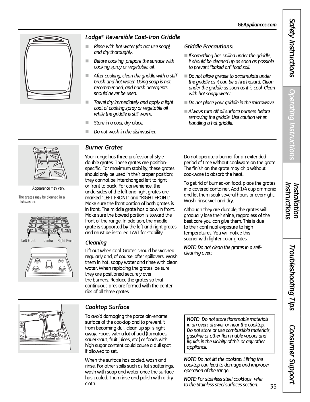 GE JGB810 Installation Instructions Troubleshooting, Lodge Reversible Cast-Iron Griddle, Burner Grates, Cooktop Surface 