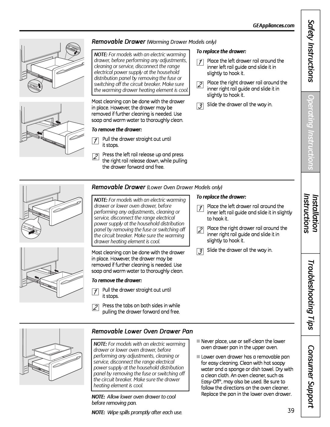GE JGB800, JGB295, JGB805 Removable Lower Oven Drawer Pan, Safety, Instructions Operating, Installation Instructions, Tips 