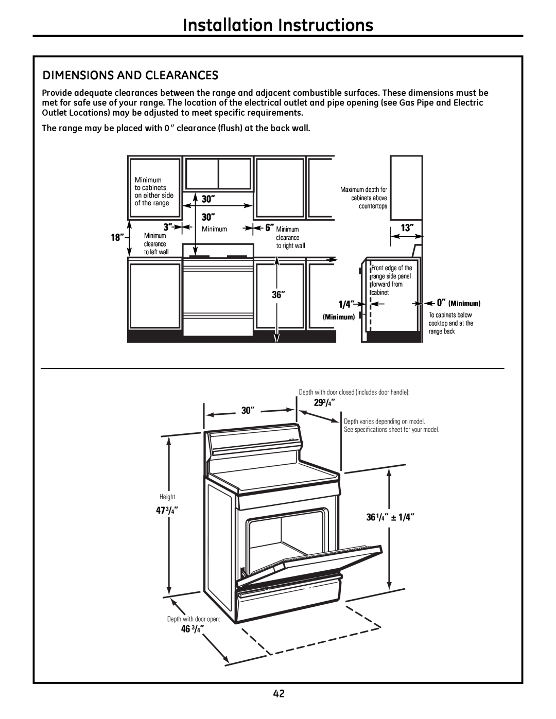 GE JGB295SERSS DImeNSIoNS aND CleaRaNCeS, Installation Instructions, 293/4” 30”, 473/4” 361/4” ± 1/4”, 46 3/4” 
