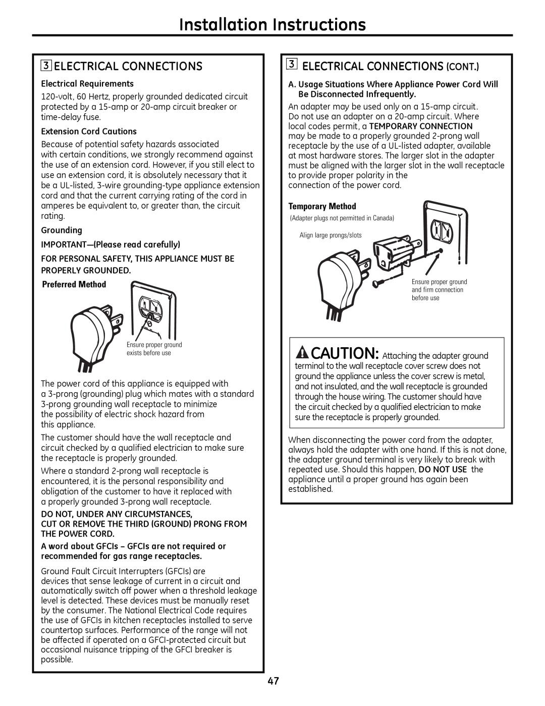 GE JGB810 eleCTRICal CoNNeCTIoNS CoNT, Installation Instructions, electrical Requirements, extension Cord Cautions 