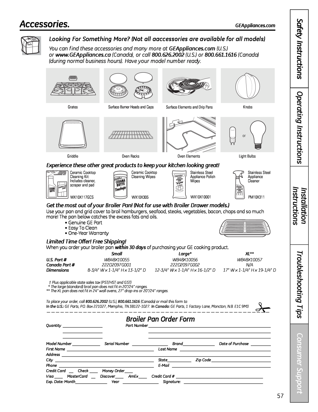 GE JGB800 manual Accessories, Broiler Pan Order Form, Safety Instructions Operating Instructions Installation Instructions 