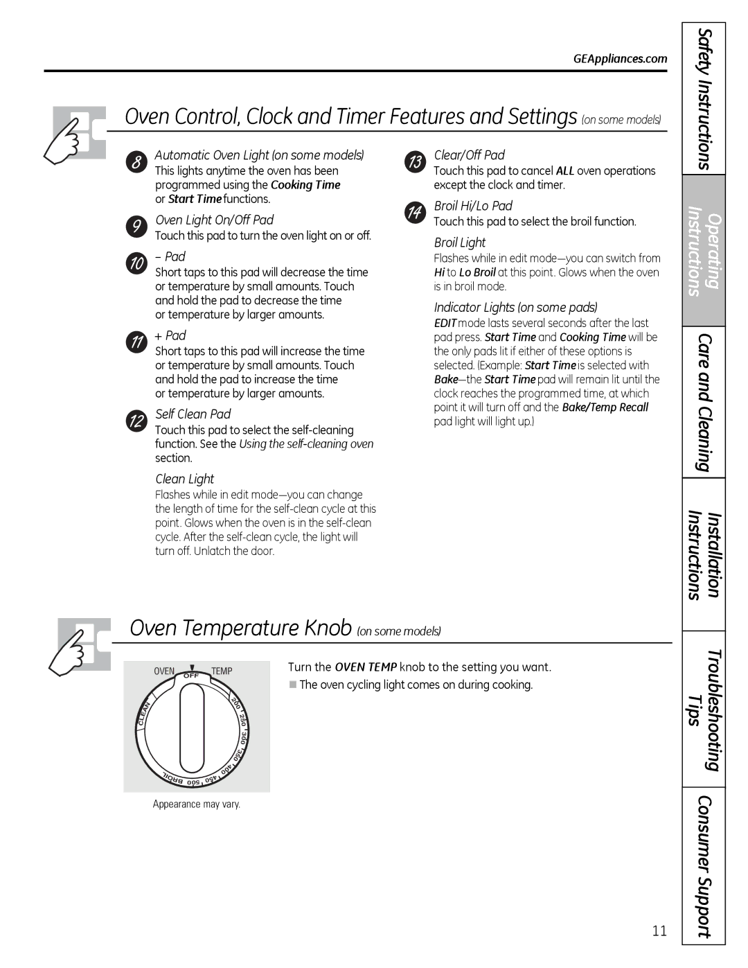 GE JGB3000 Safety Instructions, Touch this pad to turn the oven light on or off, Or temperature by larger amounts 