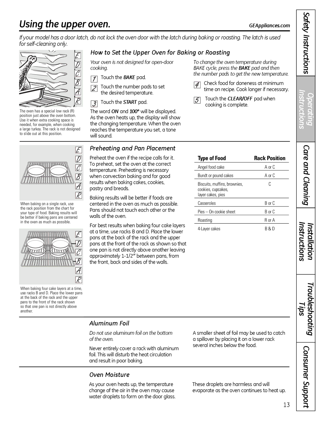 GE JGB281, JGB3000, JGB3001, JGB400 Using the upper oven, Care and Cleaning Installation Instructions, Support 