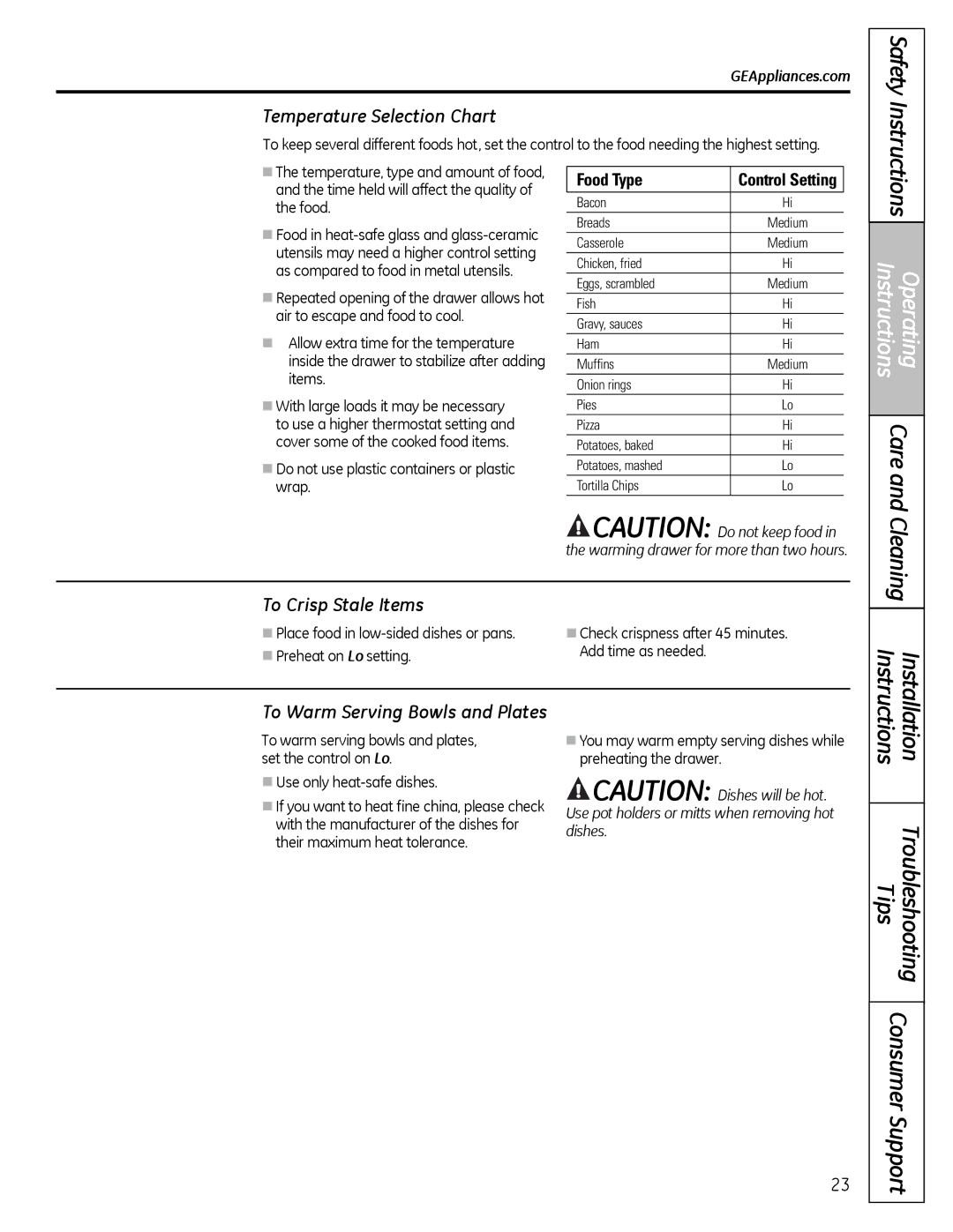 GE JGB281, JGB3000, JGB3001, JGB400 Temperature Selection Chart, To Crisp Stale Items, To Warm Serving Bowls and Plates 