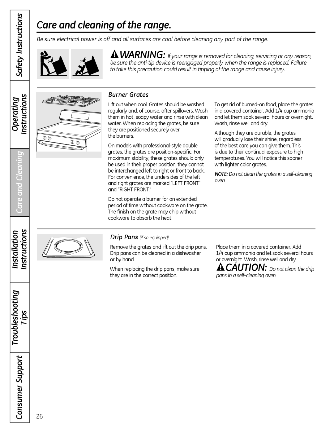 GE JGB3000, JGB3001, JGB281, JGB400 Care and cleaning of the range, Operating, Burner Grates, Burners 