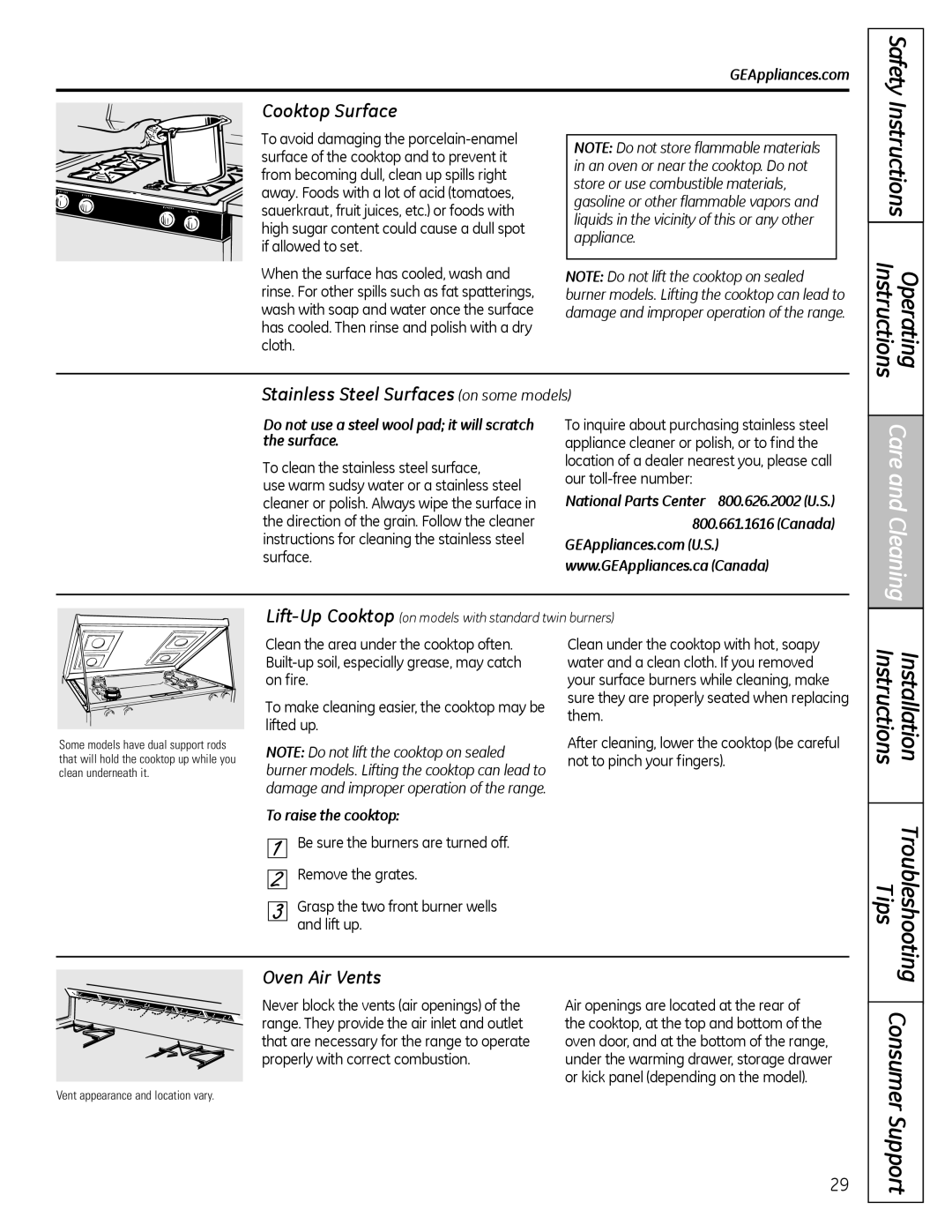 GE JGB400, JGB3000 Operating Instructions, Tips Troubleshooting, Cooktop Surface, Oven Air Vents, To raise the cooktop 