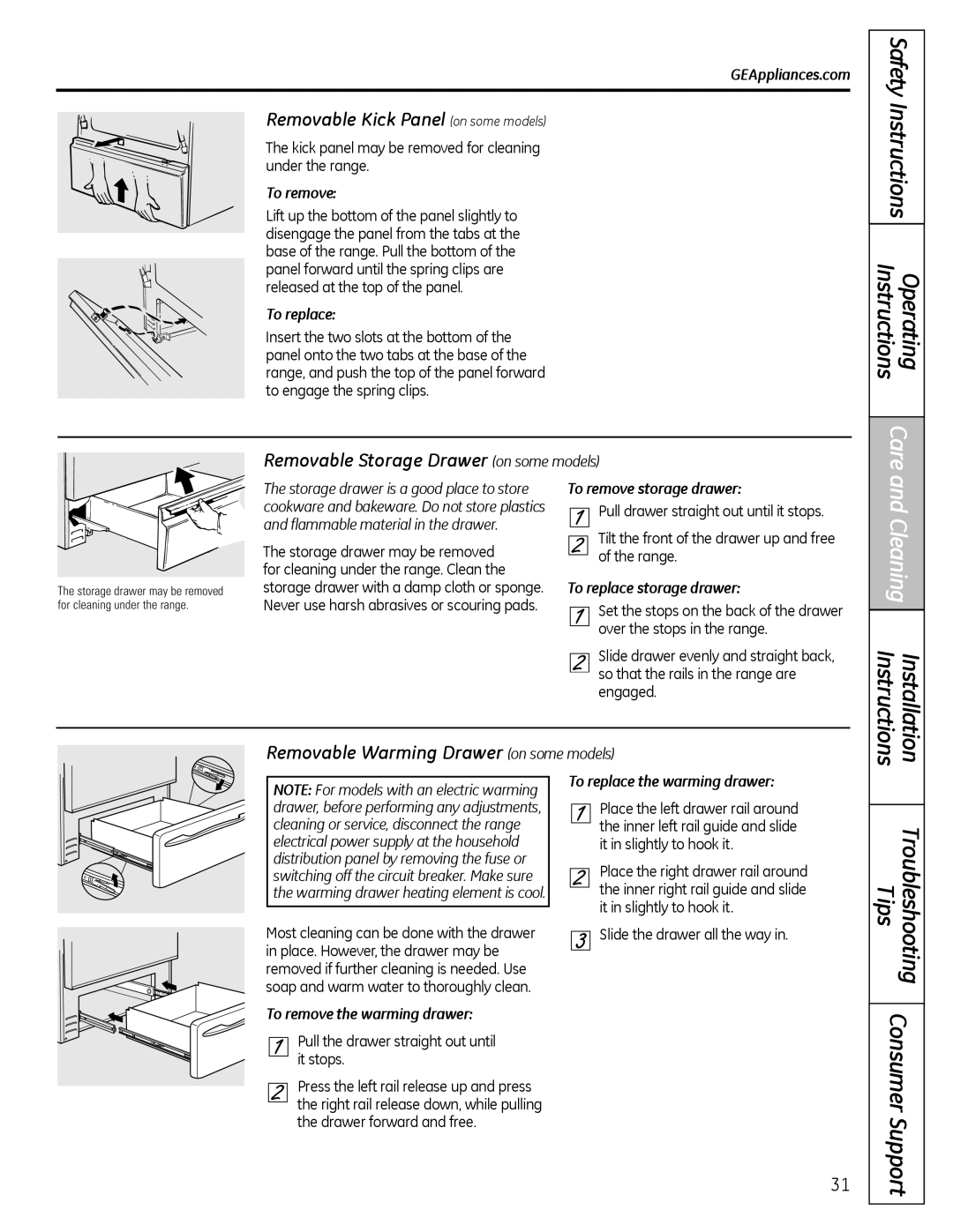 GE JGB3000, JGB3001, JGB281, JGB400 Removable Kick Panel on some models, Removable Storage Drawer on some models 