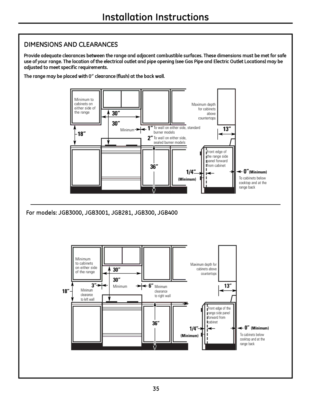 GE installation instructions DIMENSIoNS and Clearances, For models JGB3000, JGB3001, JGB281, JGB300, JGB400 