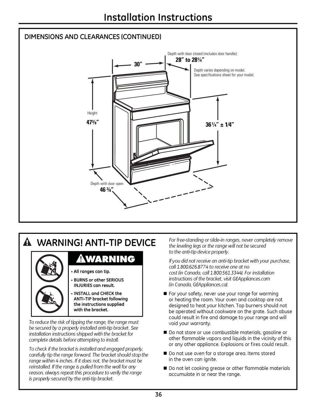 GE JGB3000, JGB3001, JGB281, JGB400 installation instructions 28 to 281⁄4 