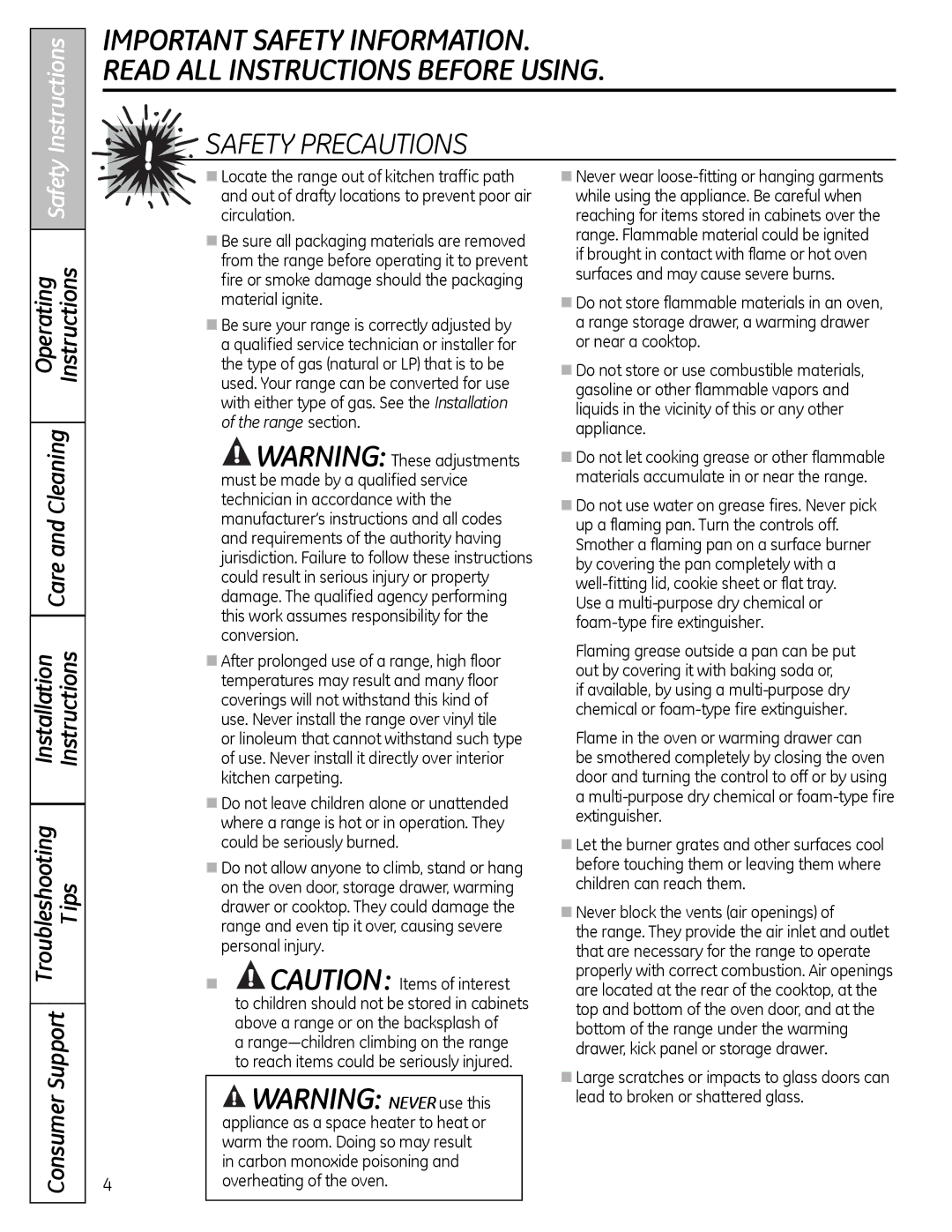 GE JGB400, JGB3000, JGB3001, JGB281 installation instructions Appliance as a space heater to heat or 