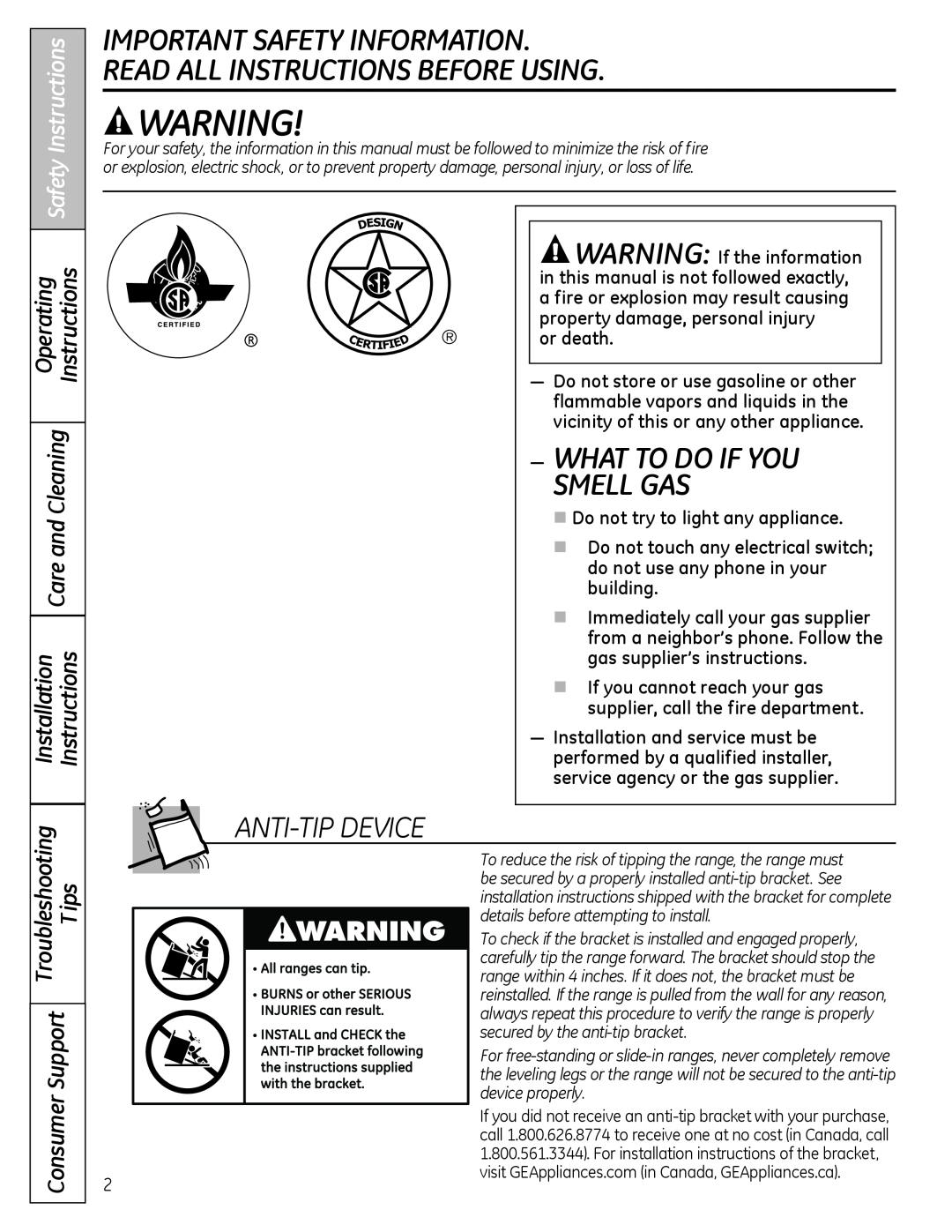 GE JGB3001 Important Safety Information Read All Instructions Before Using, What To Do If You, Smell Gas, aNTI-TIP DeVICe 