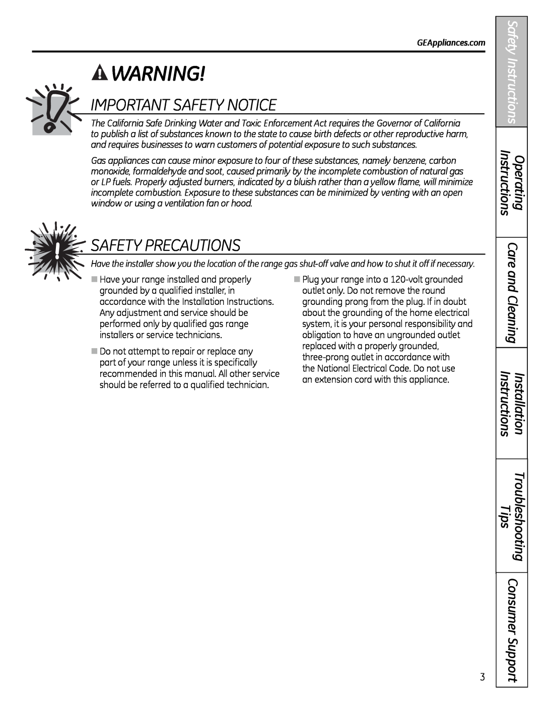GE JGB281, JGB3000 IMPORTaNT SaFeTY NOTICe, SaFeTY PReCaUTIONS, and Cleaning Installation Troubleshooting InstructionsTips 