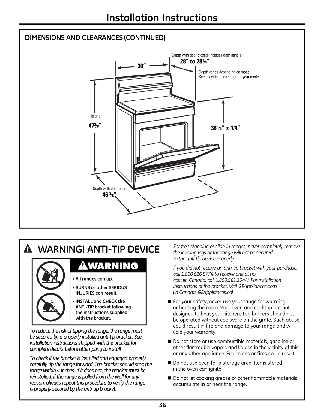 GE JGB3000, JGB3001, JGB281 Installation Instructions, wARNING! ANTI-TIP DEVICE, DIMENSIoNS AND CLEARANCES CoNTINUED 