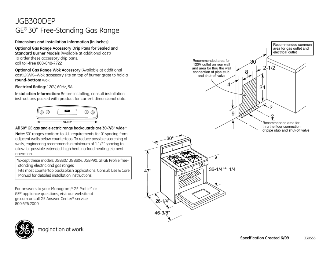 GE JGB300DEPBB, JGB300DEPWW dimensions GE 30 Free-Standing Gas Range, 26-1/4 46-3/8, 36-1/4+1/4 