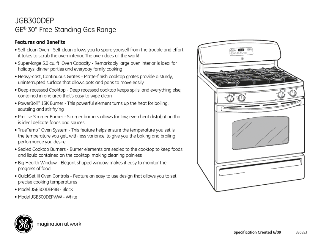 GE JGB300DEPWW, JGB300DEPBB dimensions Features and Benefits 