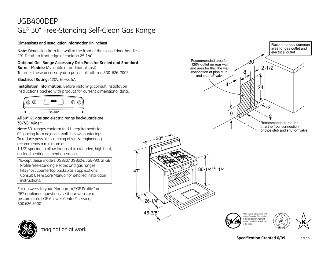 GE JGB400DEPWW, JGB400DEPBB dimensions GE 30 Free-Standing Self-Clean Gas Range, 26-1/4 36-1/4+1/4, 46-3/8 