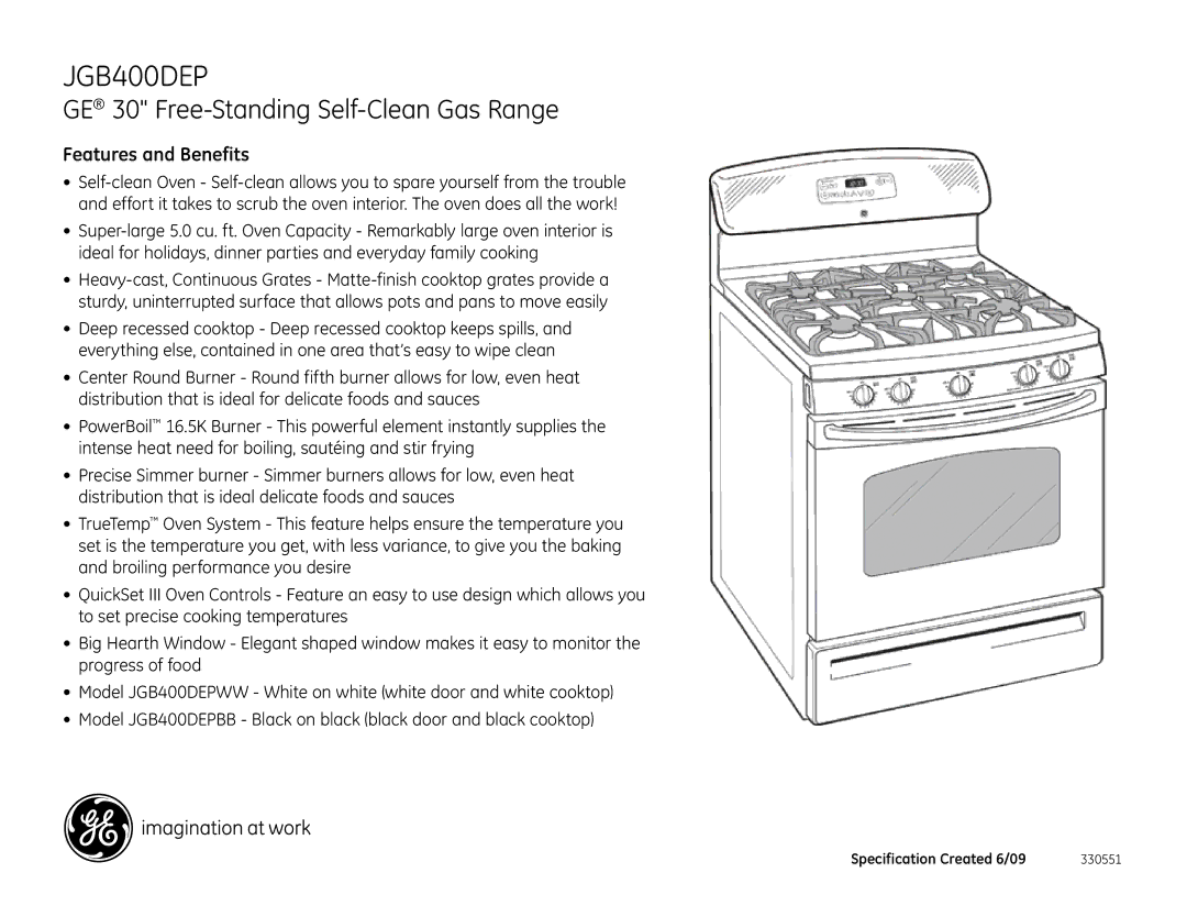 GE JGB400DEPBB, JGB400DEPWW dimensions Features and Benefits 