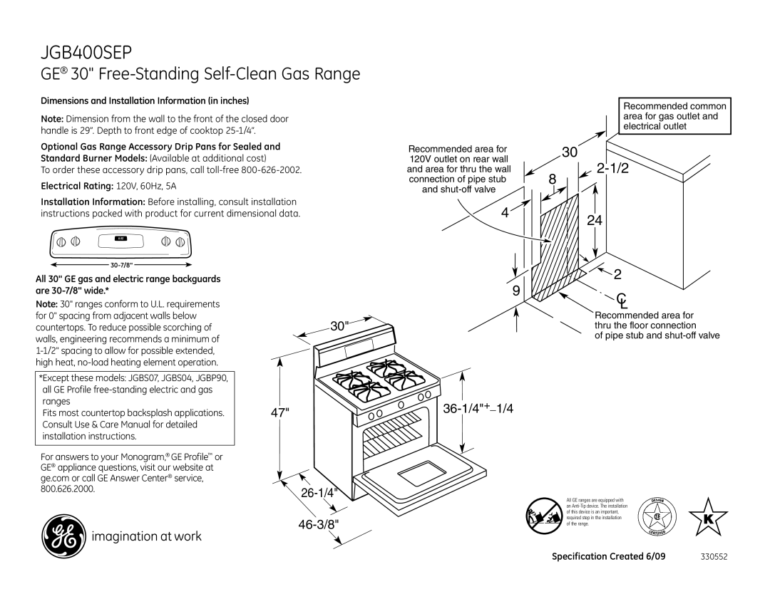 GE JGB400SEPSS dimensions GE 30 Free-Standing Self-Clean Gas Range, 26-1/4 46-3/8 36-1/4+1/4 