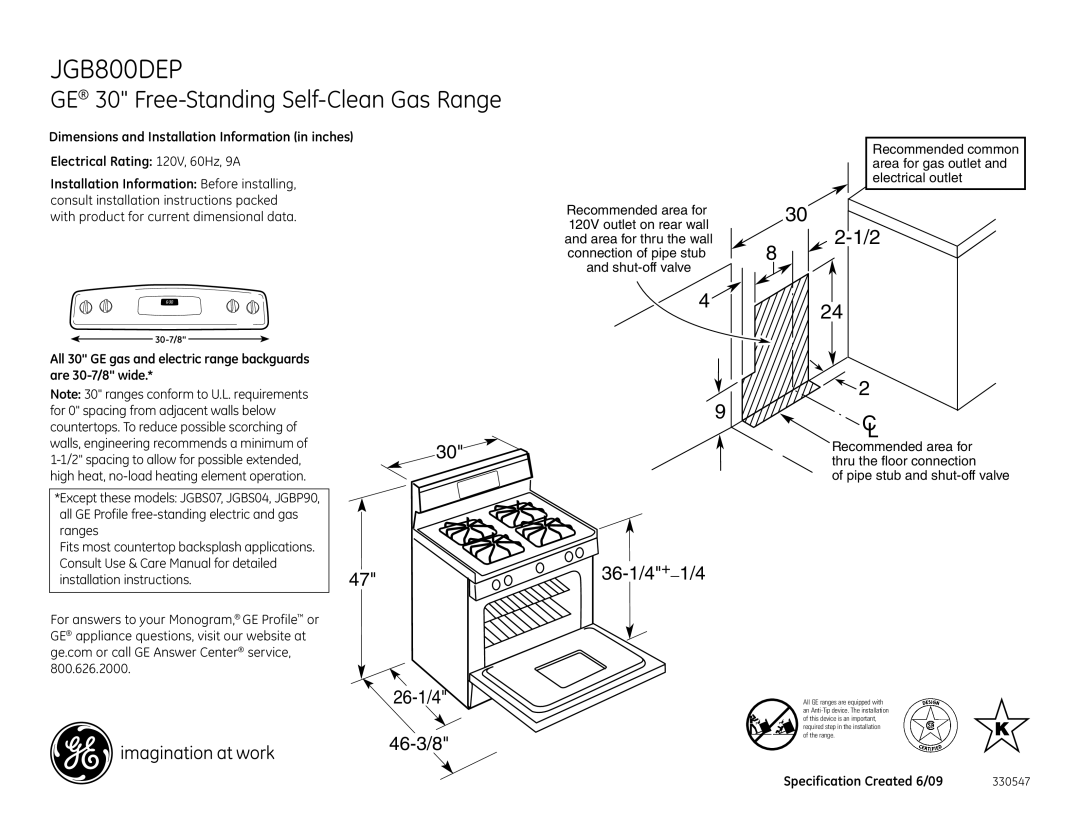 GE JGB800DEPBB, JGB800DEPWW, JGB800DEPCC dimensions GE 30 Free-Standing Self-Clean Gas Range, 36-1/4+1/4, 26-1/4 46-3/8 