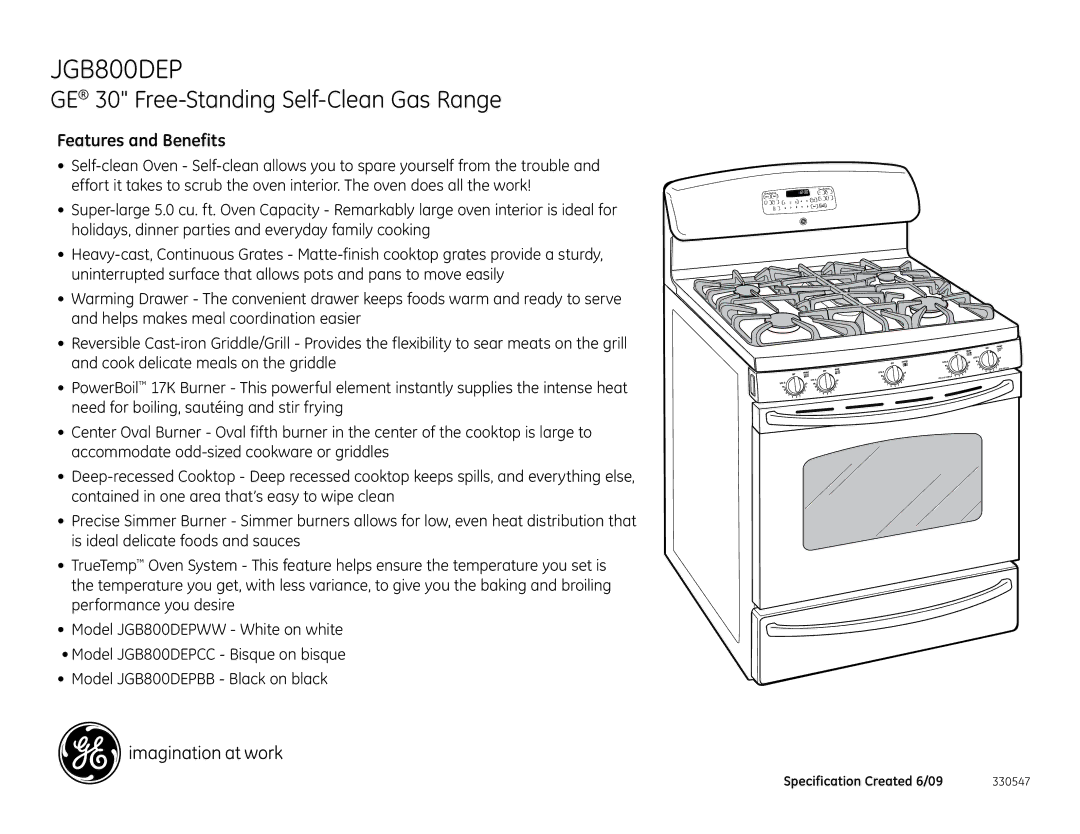 GE JGB800DEPWW, JGB800DEPBB, JGB800DEPCC dimensions Features and Benefits 