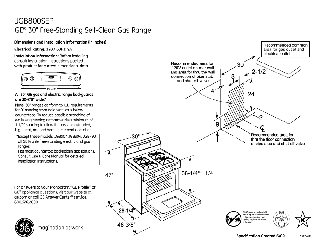 GE JGB800SEPSS dimensions GE 30 Free-Standing Self-CleanGas Range, 2-1/2, 24 2 C L, 26-1/4 46-3/8, 36-1/4+ 1/4 